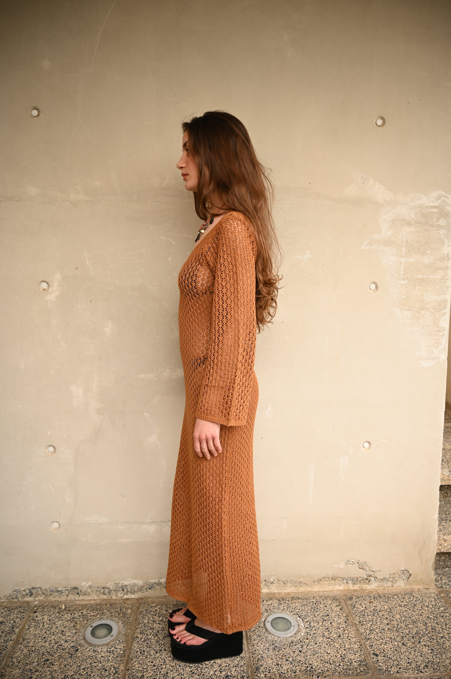 Crochet Knitted Dress in Brown